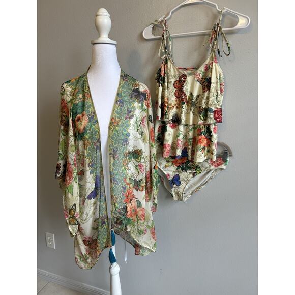 Johnny Was Bikini SwimSuit M Floral Butterflies Ruffles Boho Gypsy Resort Aloha - Picture 13 of 13